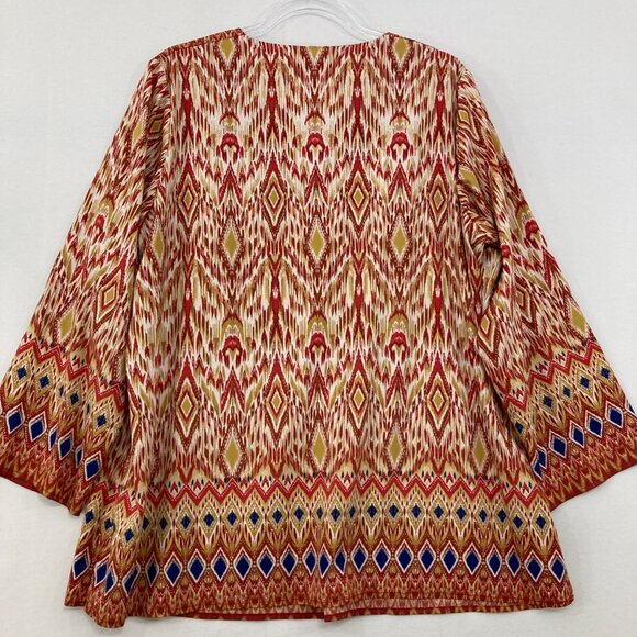 Belle Kim Gravel Size 1X Multi Color Boho Artsy Print V Neck Stretch knit Top - Picture 7 of 8